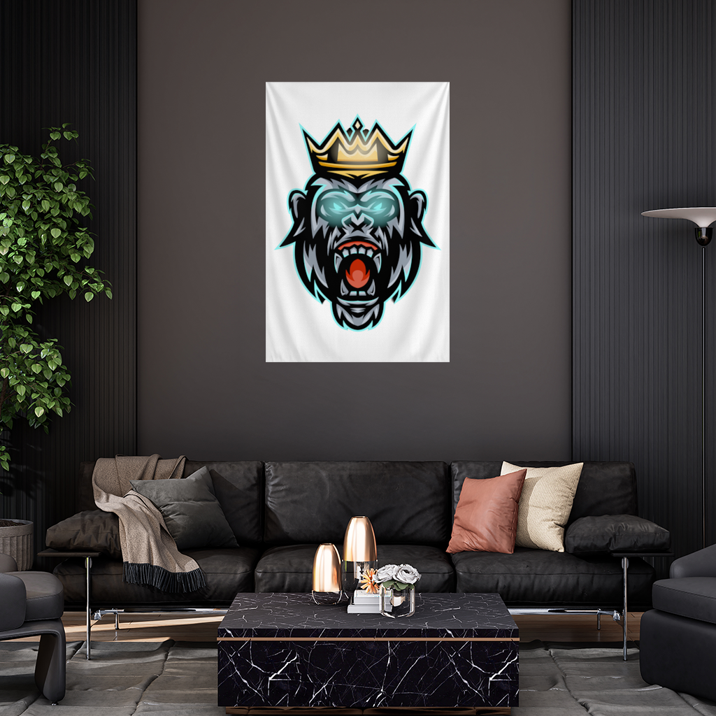 Angry Gorilla King with Crown Graphic - Neon Mascot Design Wall Tapestry