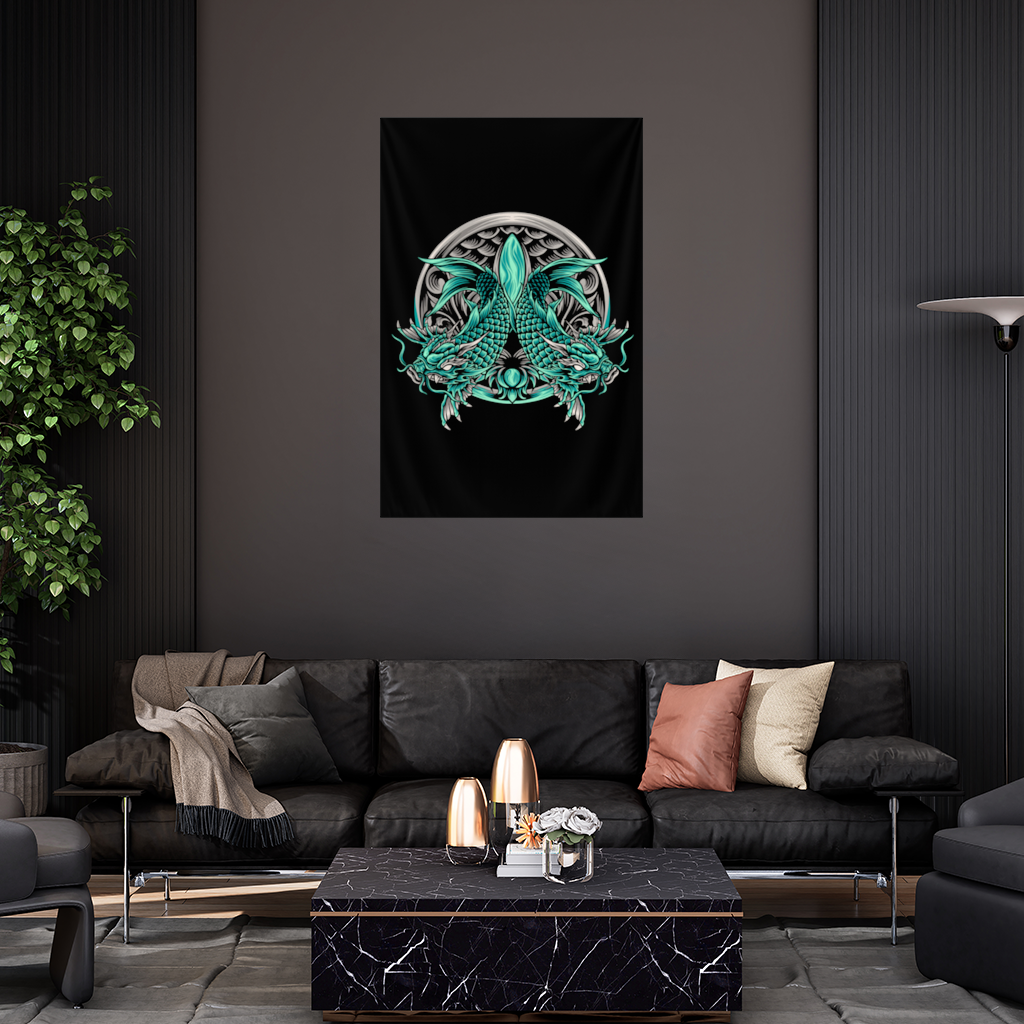 Turkuaz Çift Ejderha Amblem Tasarımı Duvar Örtüsü