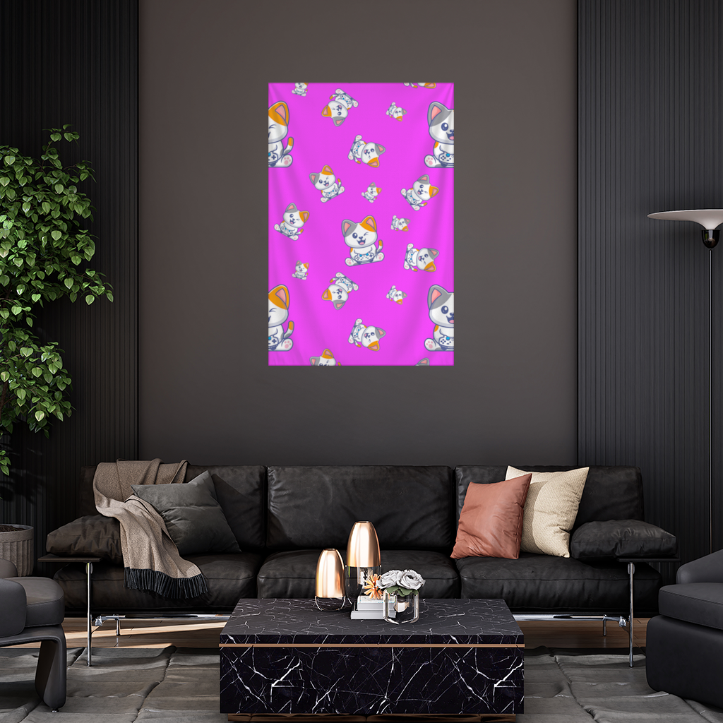 Cute Cartoon Cat Pattern on Pink Background Wall Tapestry