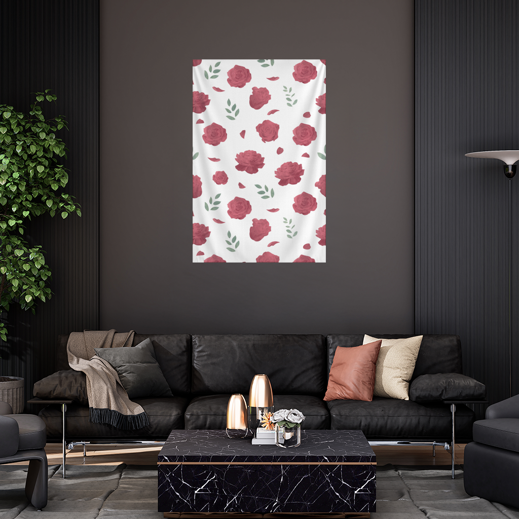 Red Rose and Leaf Romantic Seamless Pattern Wall Tapestry