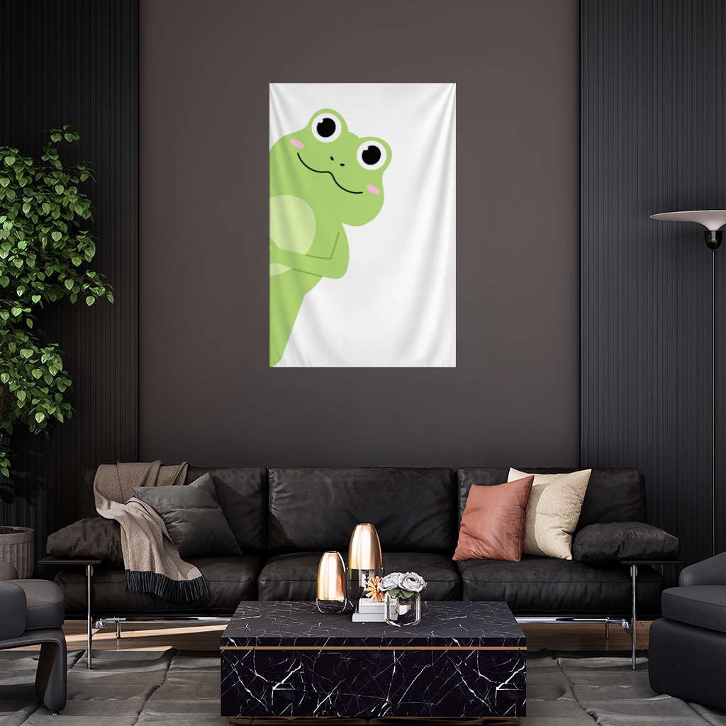 Cute Green Frog Peek-a-Boo Illustration Wall Tapestry