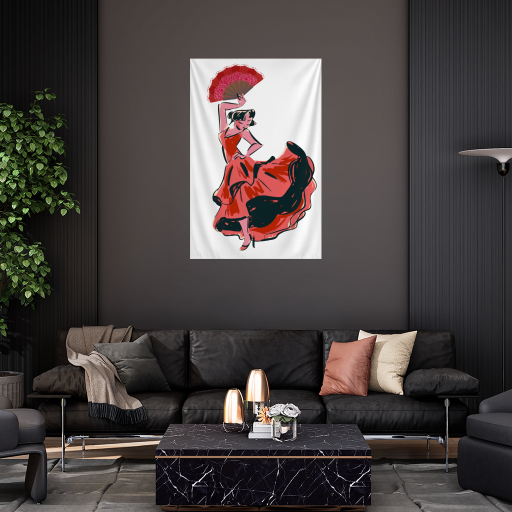 Yelpazeli Flamenko Dansçısı İllüstrasyonu Duvar Örtüsü