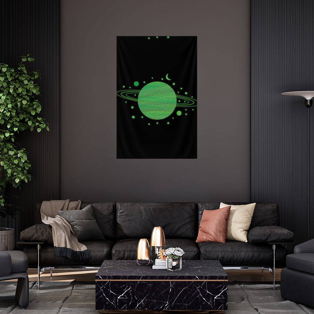 Green planets on a black background. Wall Tapestry