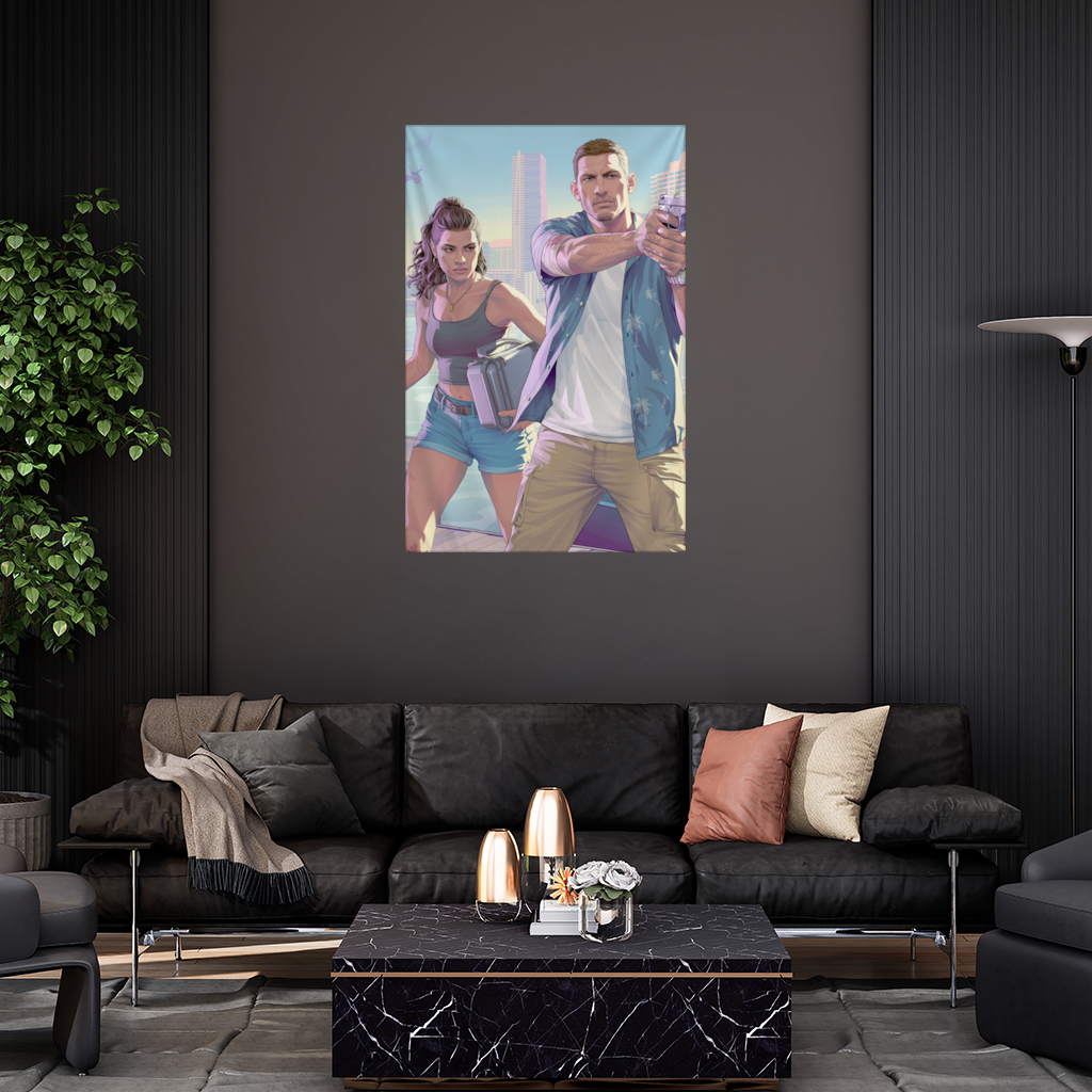 Vice City Showdown  Tropical Heist Duo Wall Tapestry