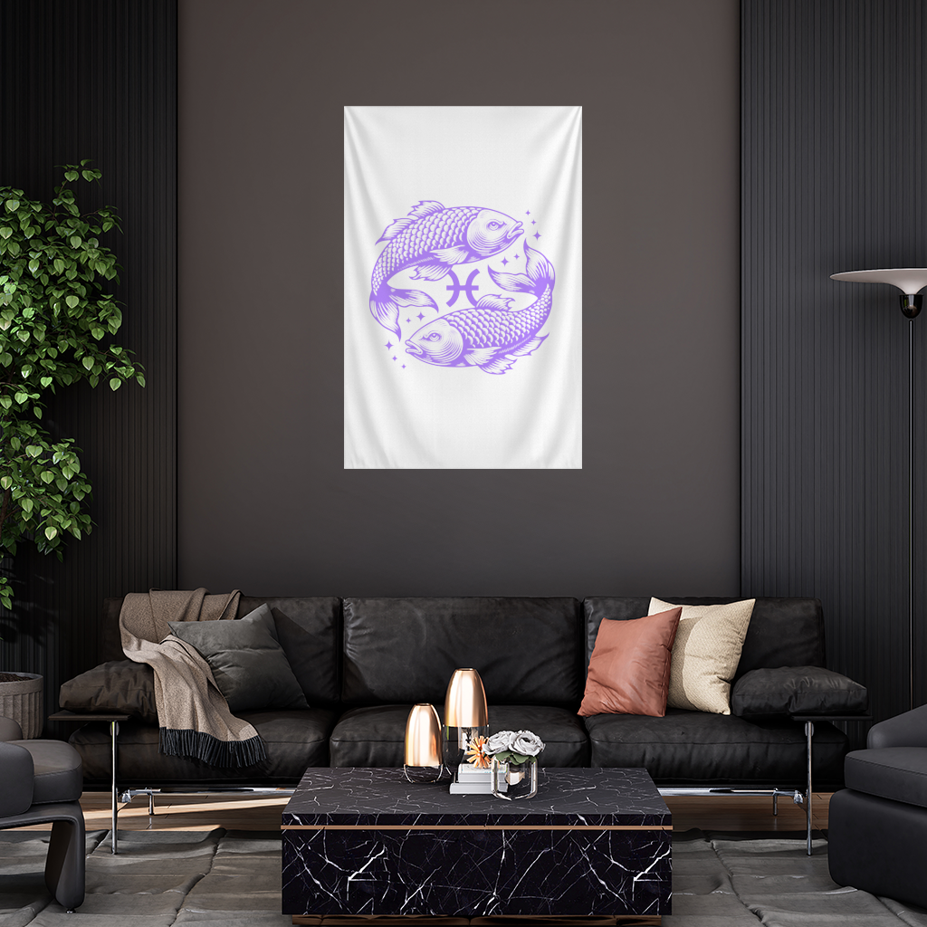 Pisces Zodiac Symbol with Purple Fish Art Wall Tapestry