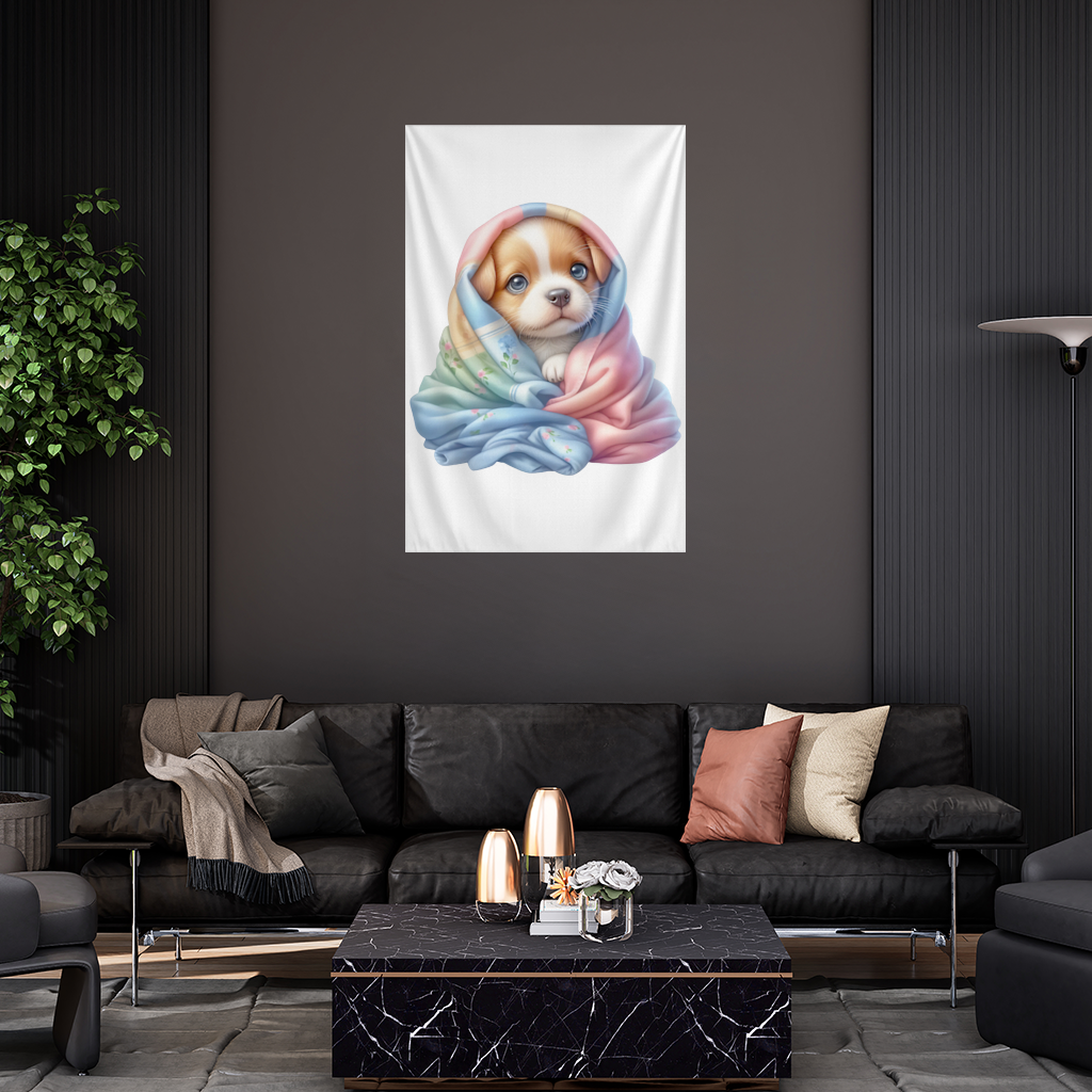 Cute Puppy Wrapped in Colorful Blanket Wall Tapestry