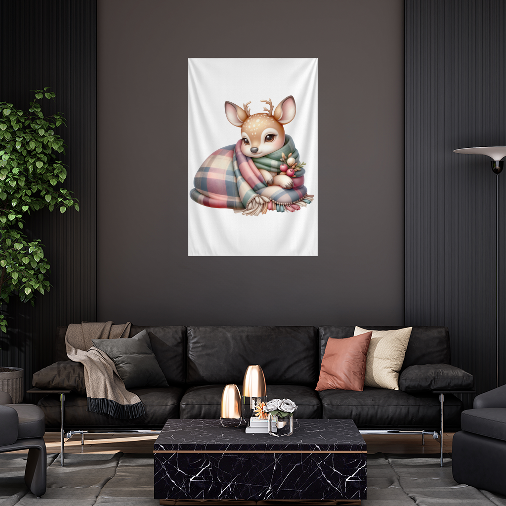 Kawaii Baby Deer with Plaid Scarf Wall Tapestry