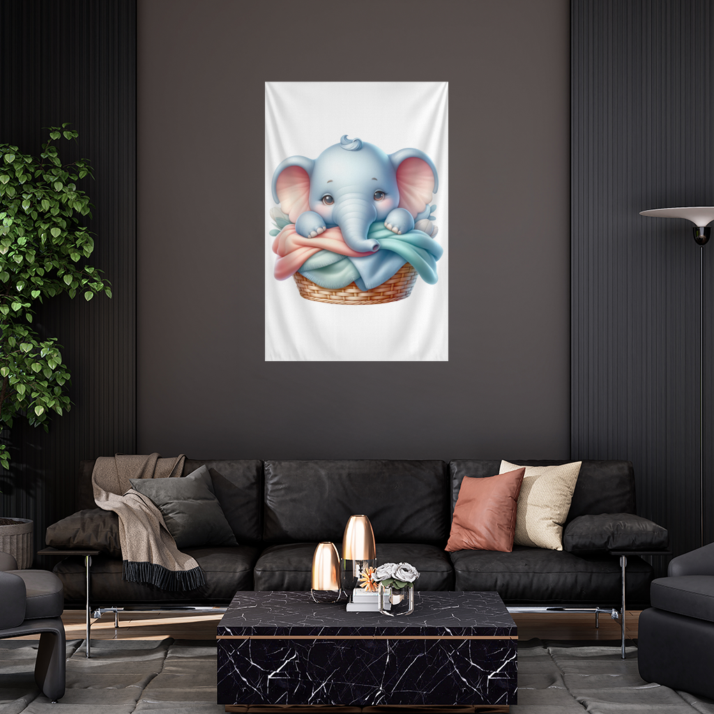 Cute Baby Elephant in Basket Wall Tapestry