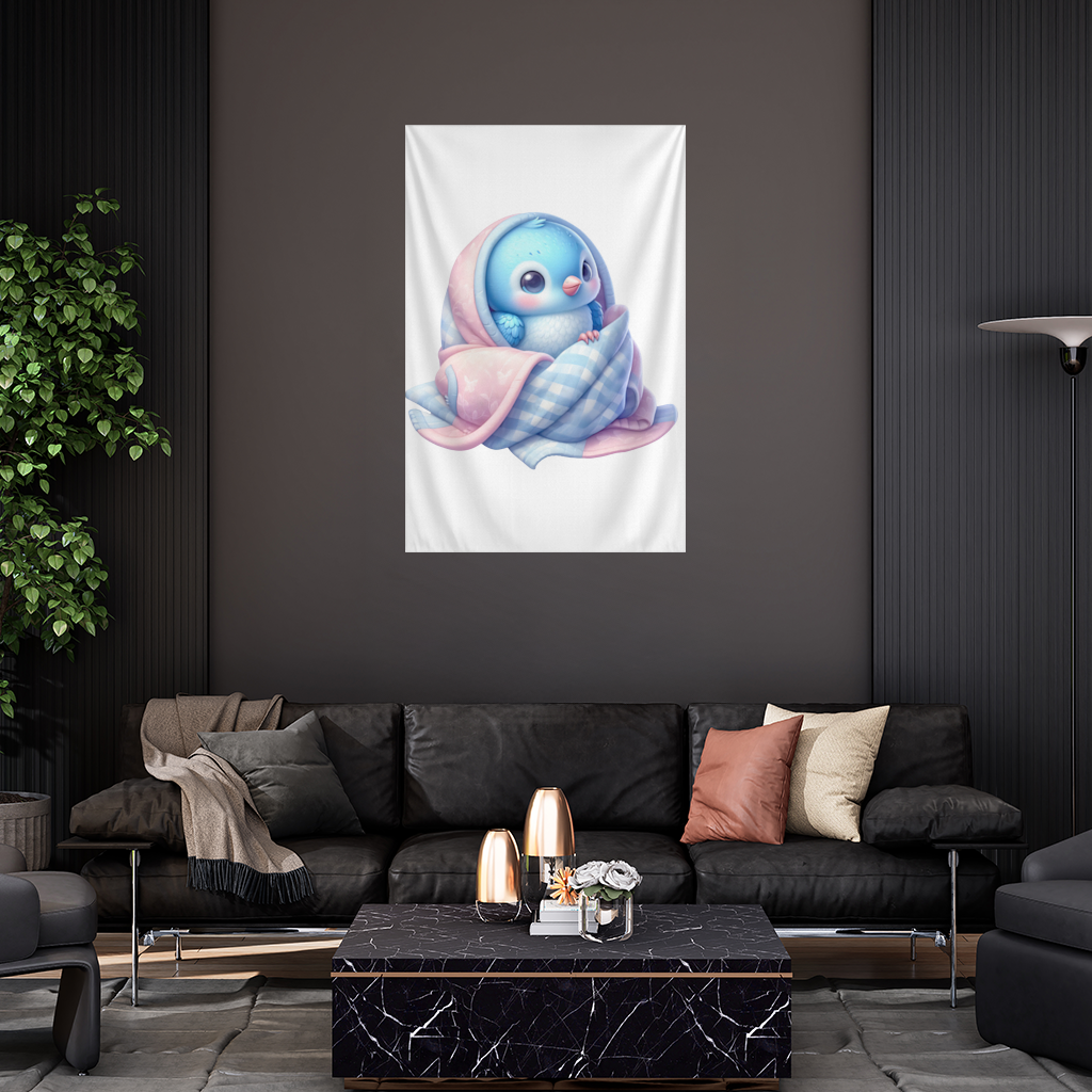 Kawaii Blue Bird in Blanket Wall Tapestry