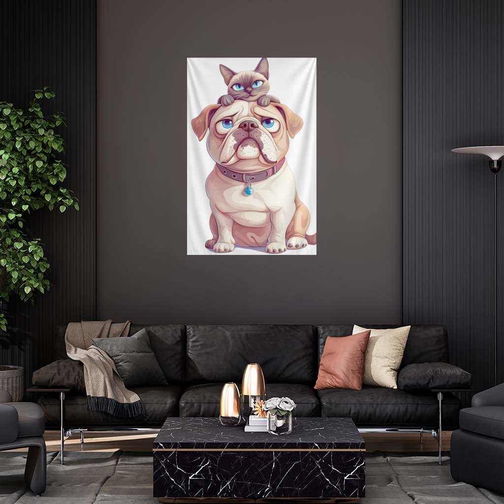 Sad Pug with Siamese Cat on Head Wall Tapestry