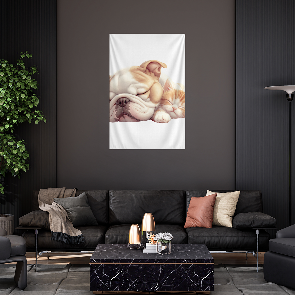 Sleeping Bulldog and Ginger Kitten Wall Tapestry