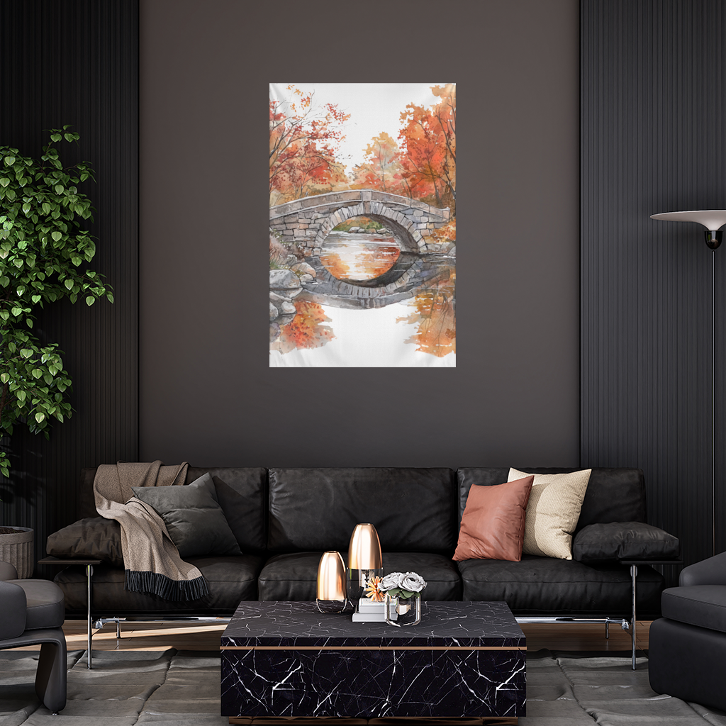 Autumn Stone Arch Bridge Over River Wall Tapestry