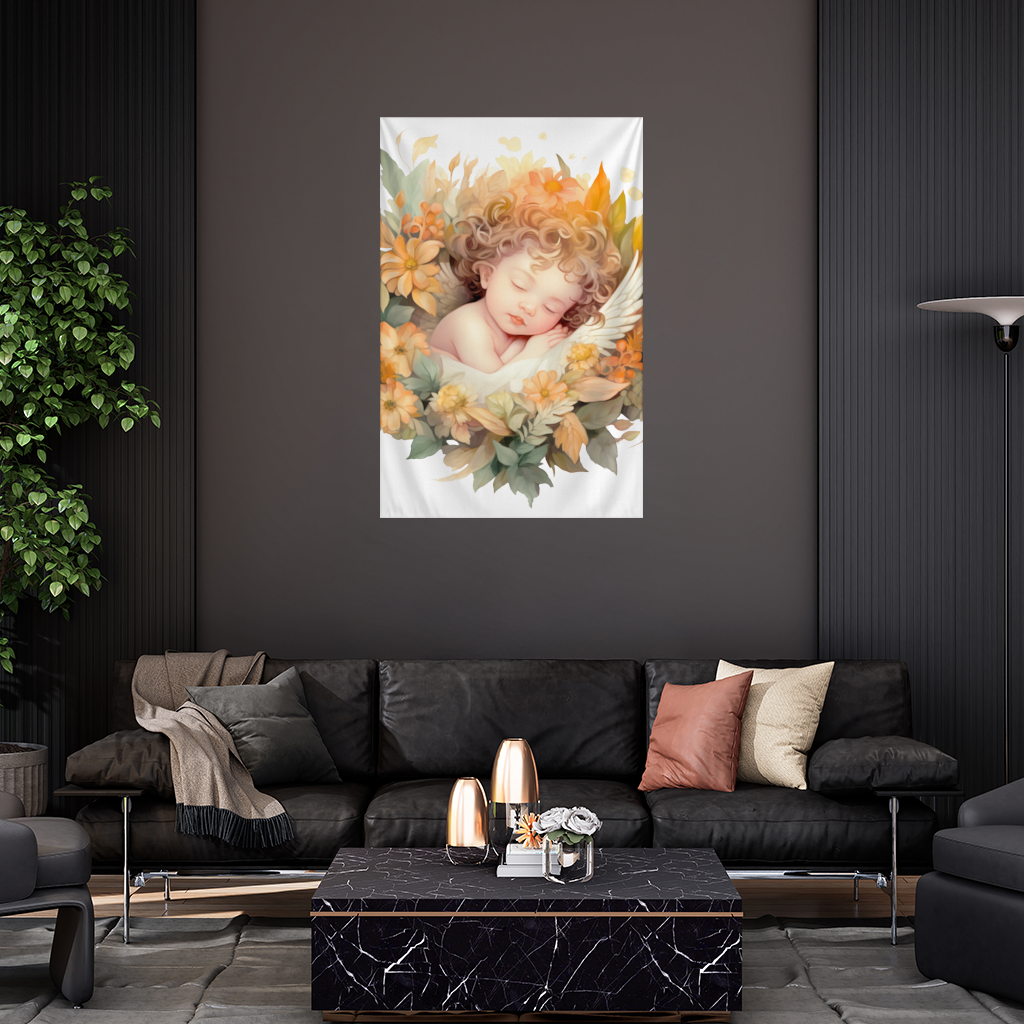Sleeping Cherub in Cottagecore Flowers Wall Tapestry