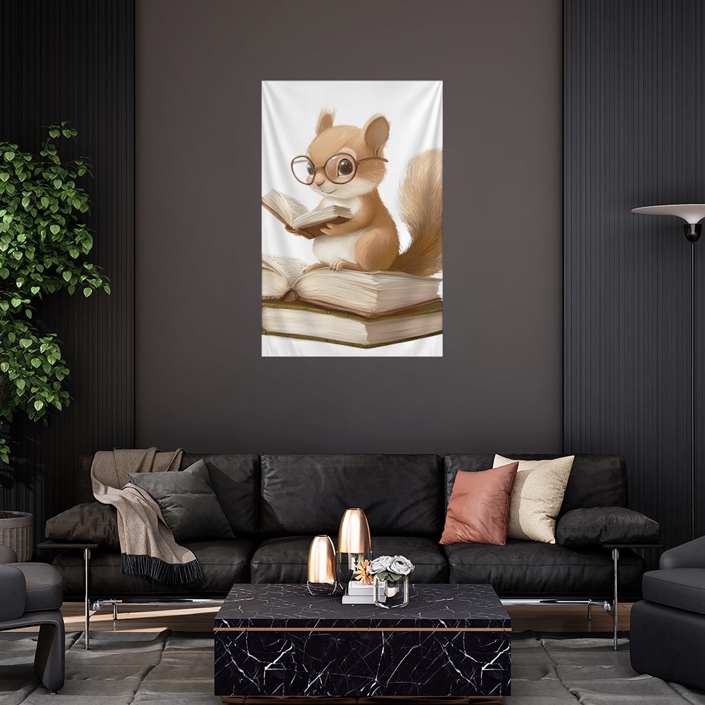 Scholarly Squirrel Reading on Book Stack Wall Tapestry