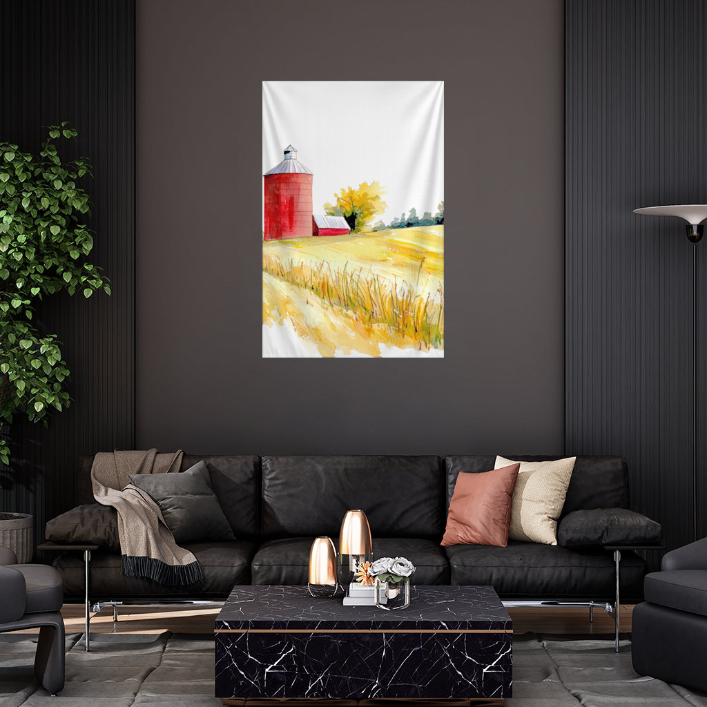 Red Farm Silo and Golden Wheat Field Wall Tapestry