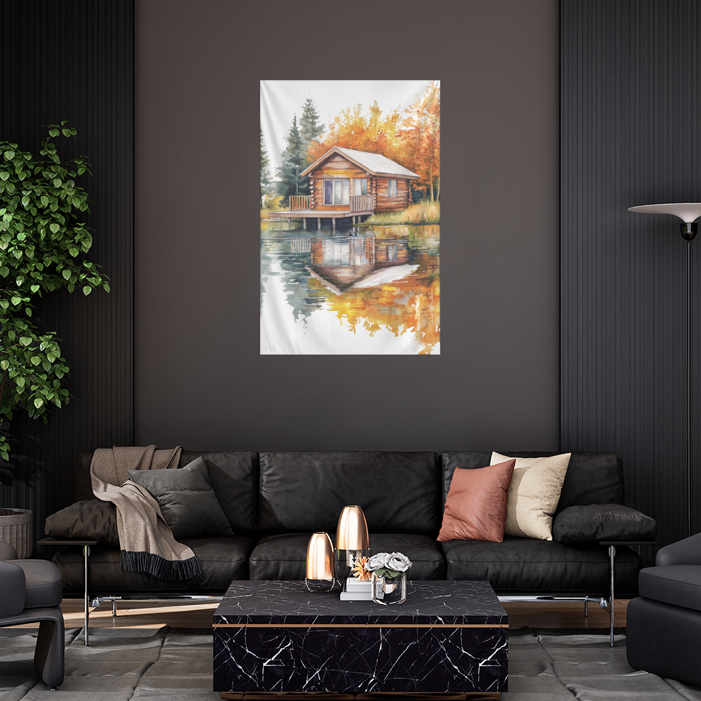 Lakeside Log Cabin Autumn Landscape Wall Tapestry