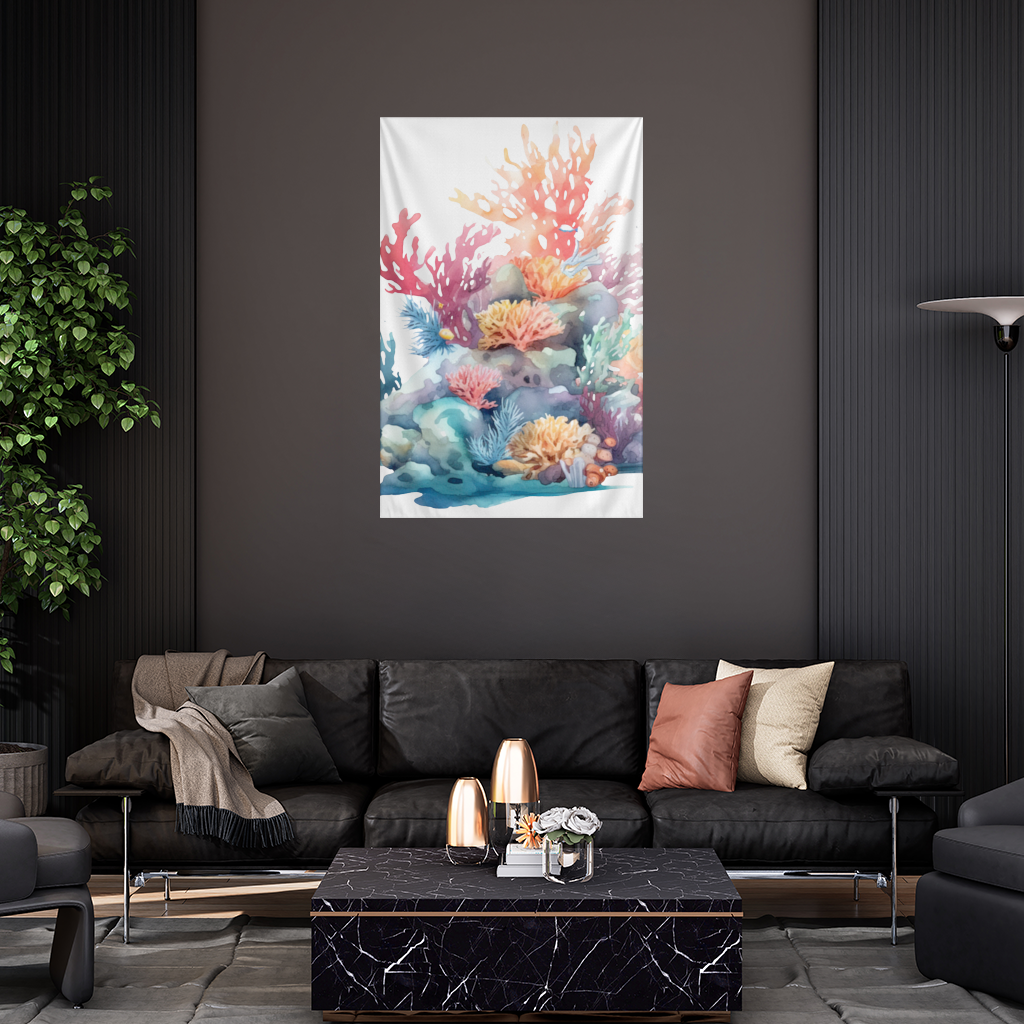 Vibrant Watercolor Coral Reef Scene Wall Tapestry