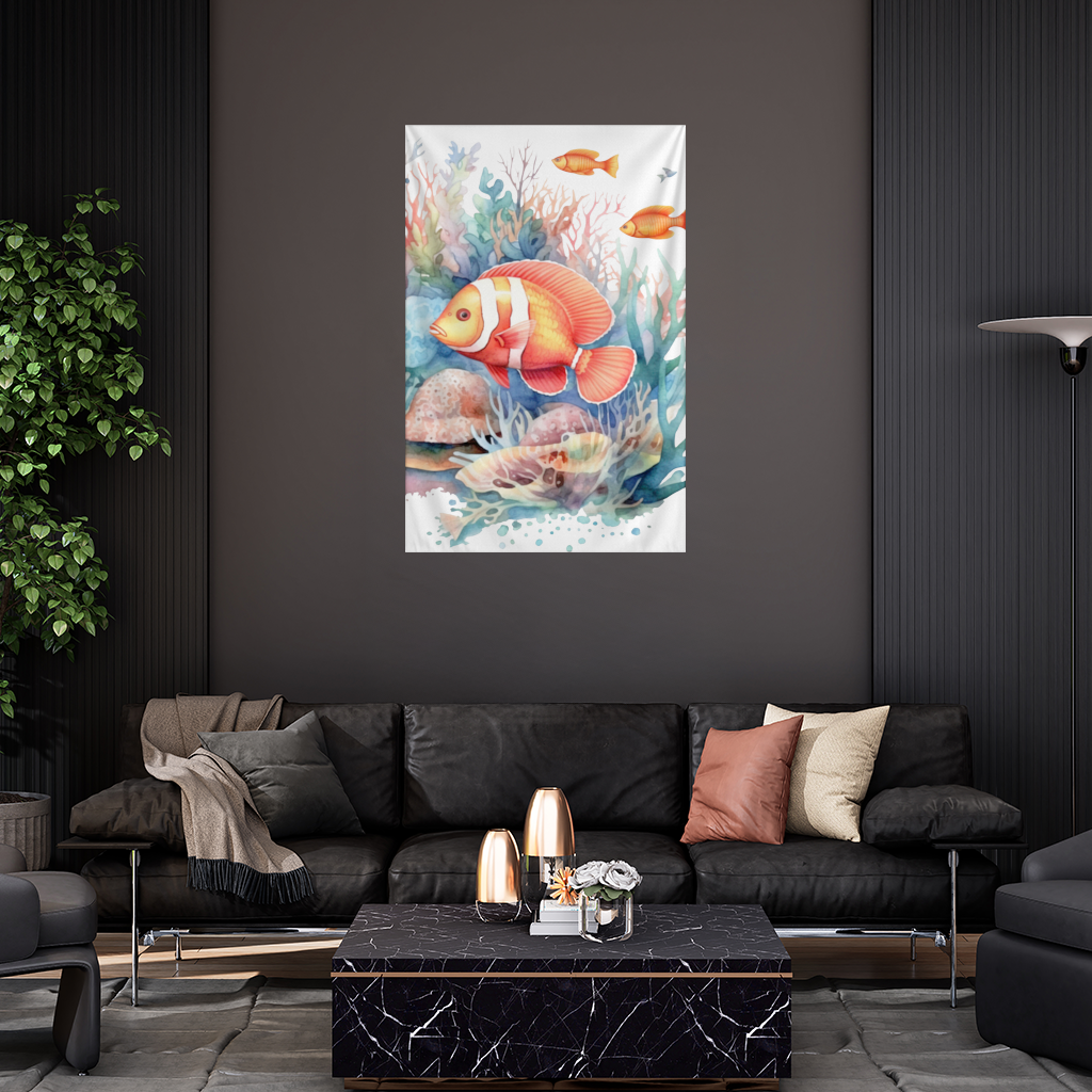 Watercolor Clownfish and Tropical Coral Reef Wall Tapestry