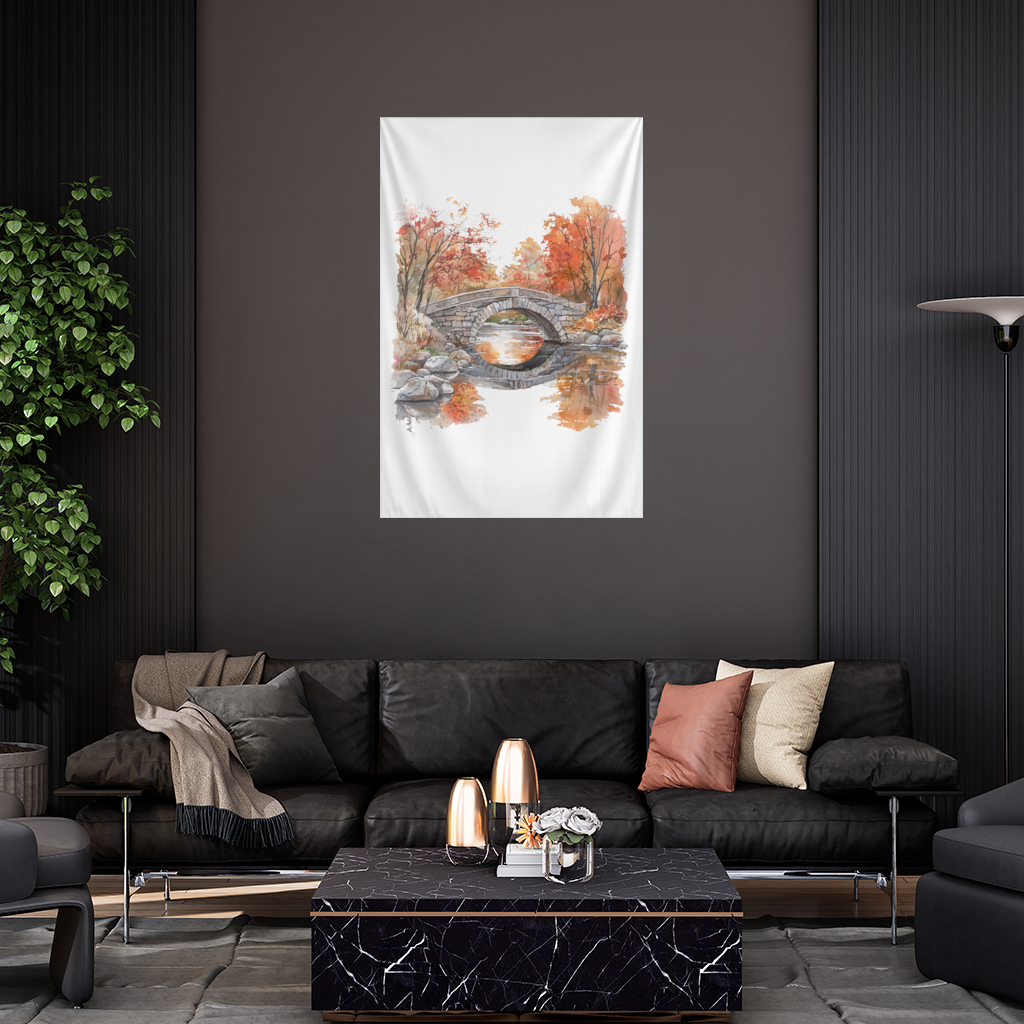 Sonbahar Taş Kemer Köprü ve Nehir Duvar Örtüsü