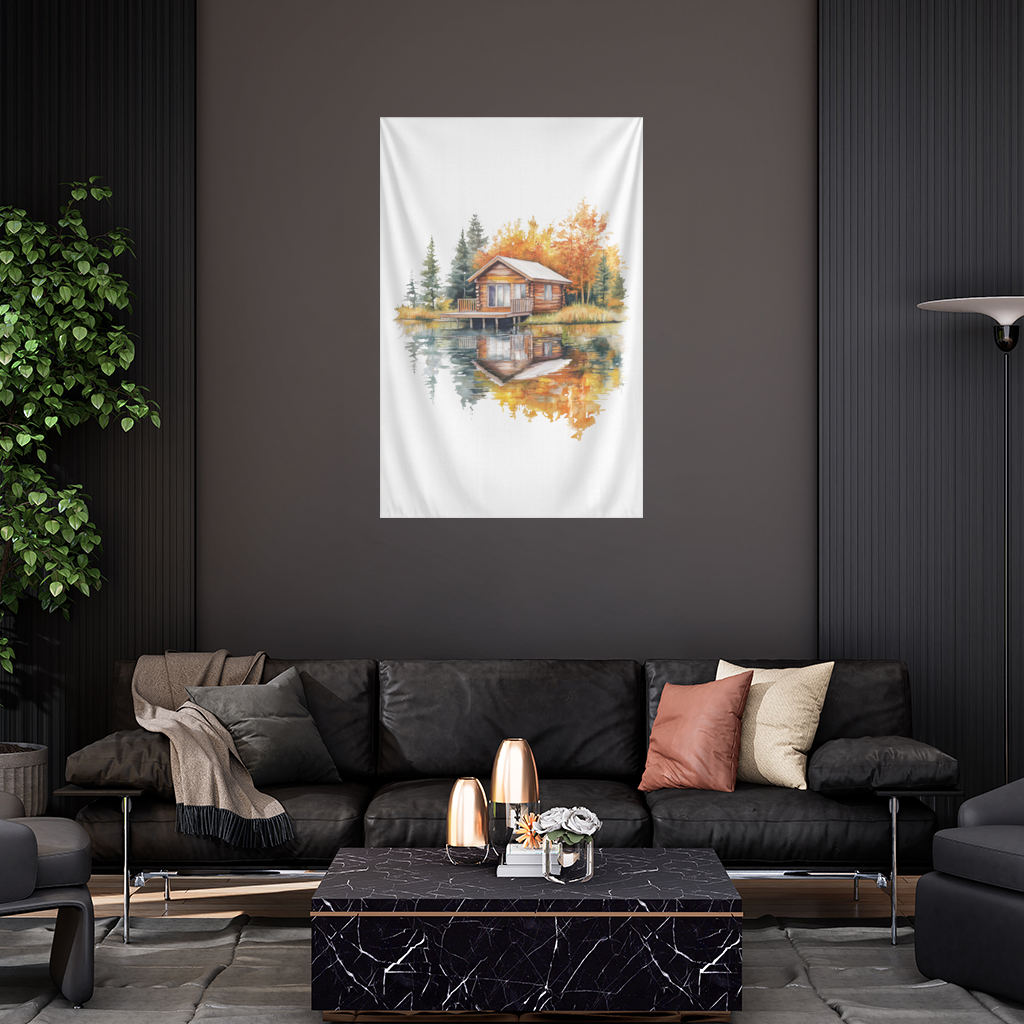 Lakeside Log Cabin Autumn Landscape Wall Tapestry
