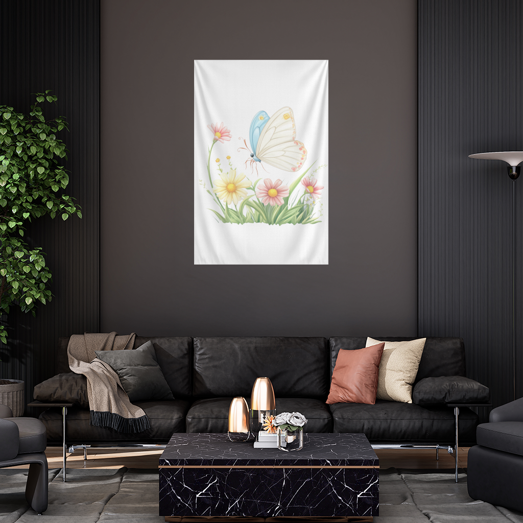 Pastel Kelebek ve Kır Çiçekleri Bahçesi Duvar Örtüsü