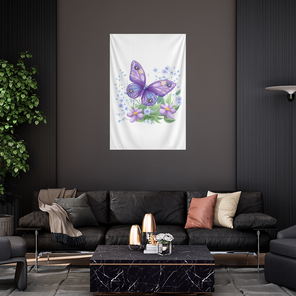Mor Kelebek ve Mavi Kır Çiçekleri Duvar Örtüsü