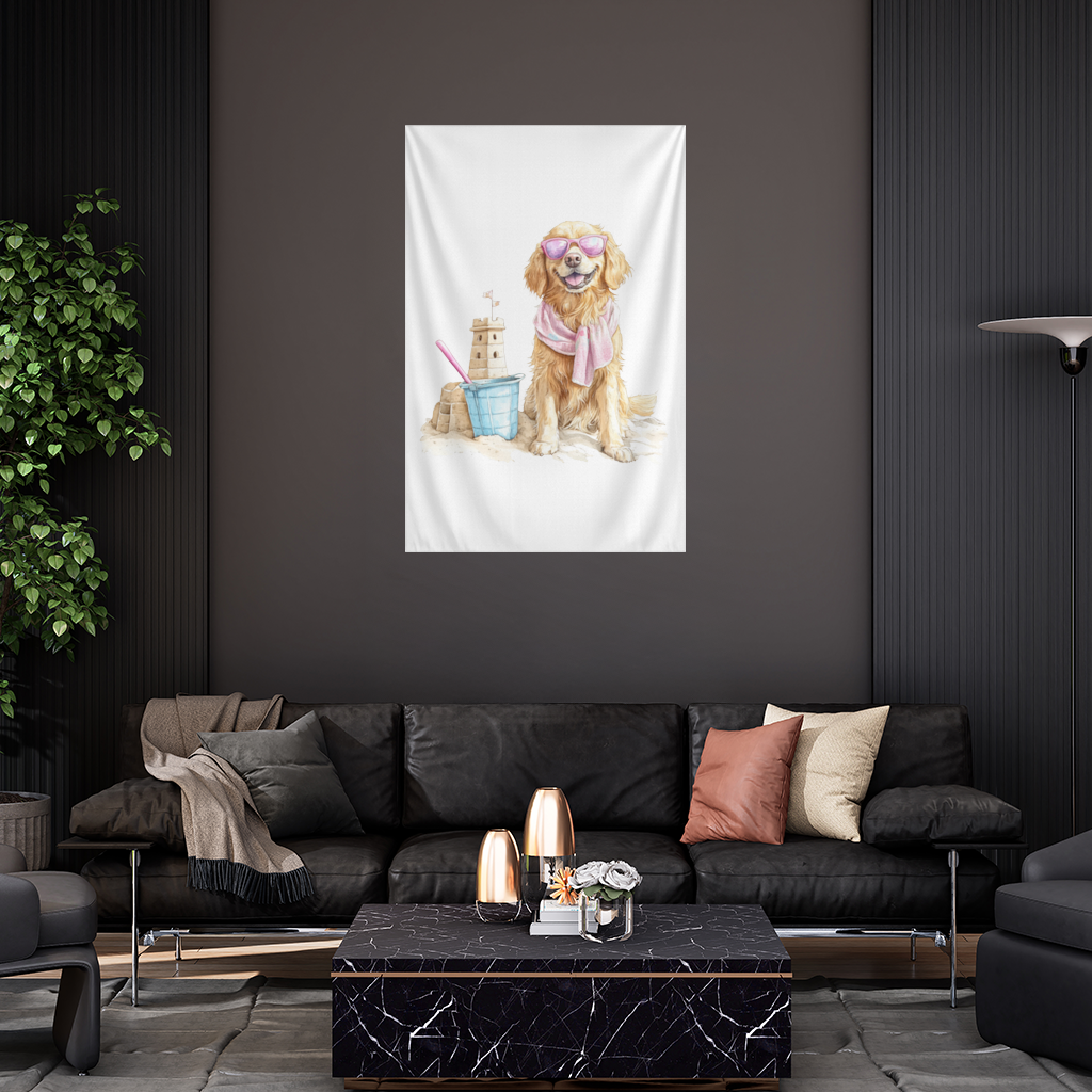 Plajda Pembe Gözlüklü Golden Retriever Duvar Örtüsü