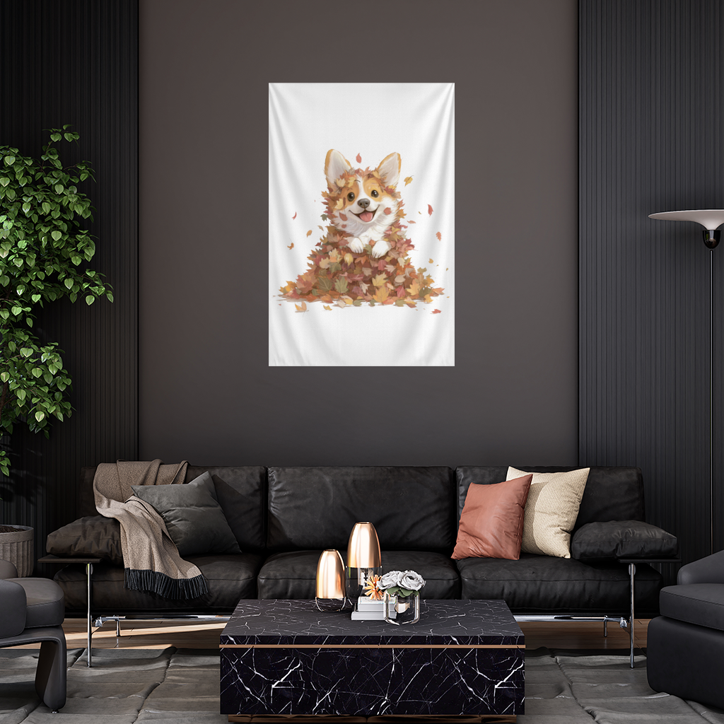 Happy Corgi Puppy in Fall Leaves Wall Tapestry