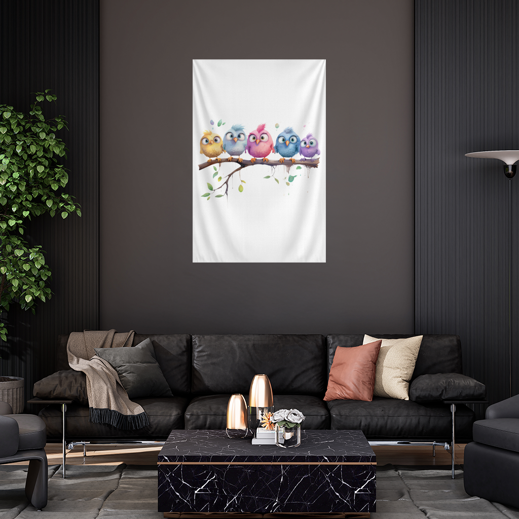 Five Colorful Kawaii Birds on Branch 