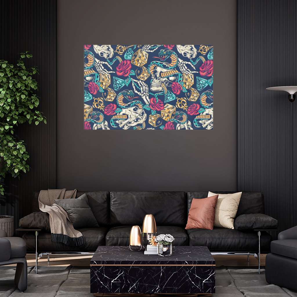 Skull Snake Dice and Roses Pattern Wall Tapestry
