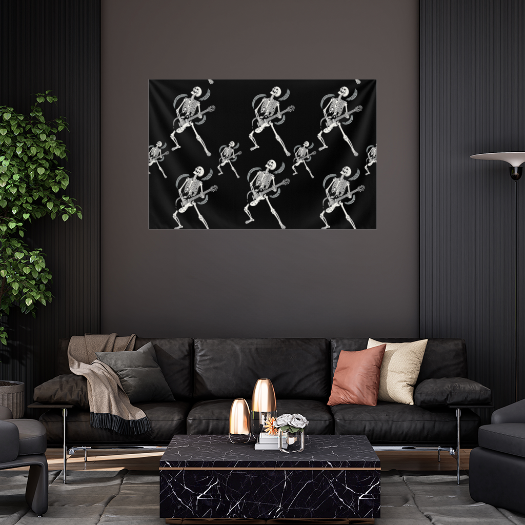 Rock Guitar Playing Skeleton Pattern on Black Wall Tapestry