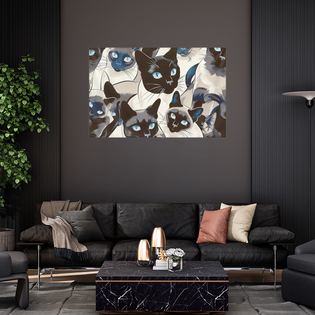Mavi Gözlü Siyam Kedisi Desenli Şık İllüstrasyon Duvar Örtüsü