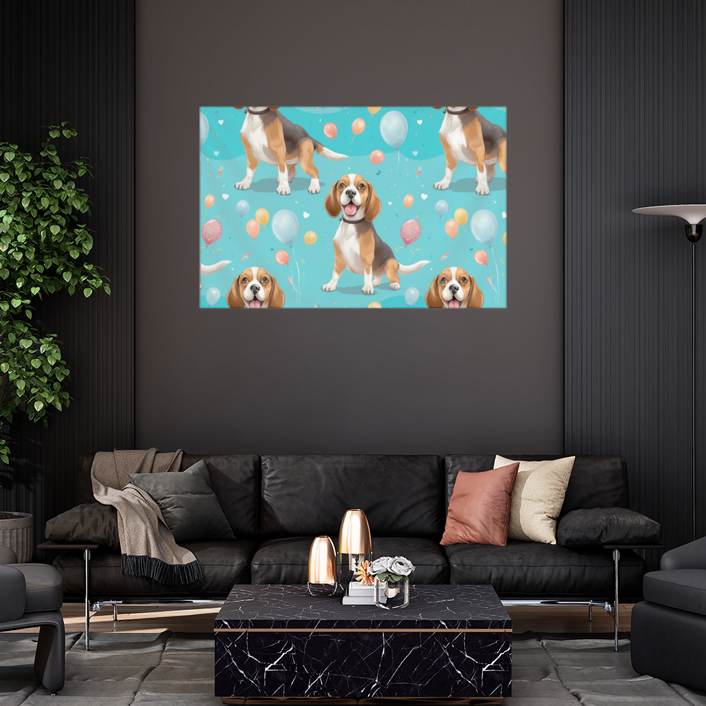 Sevimli Beagle Köpek ve Renkli Balonlar Desenli Tasarım Duvar Örtüsü