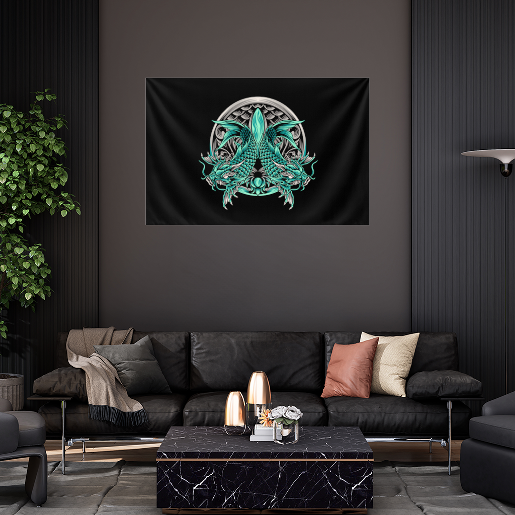 Turquoise Twin Dragon Emblem Design Wall Tapestry
