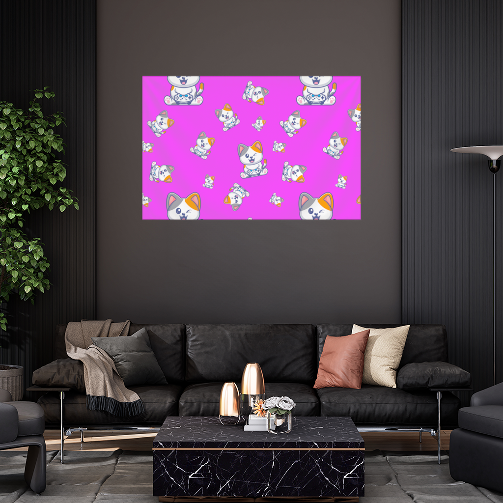 Cute Cartoon Cat Pattern on Pink Background Wall Tapestry