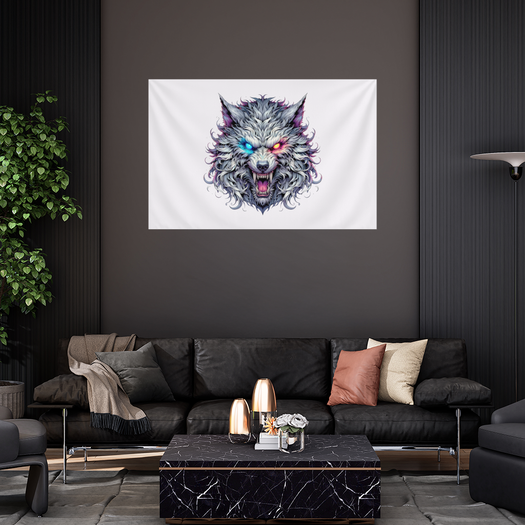 Fierce Wolf Head Illustration Heterochromia Eyes, Savage Wolf Wall Tapestry