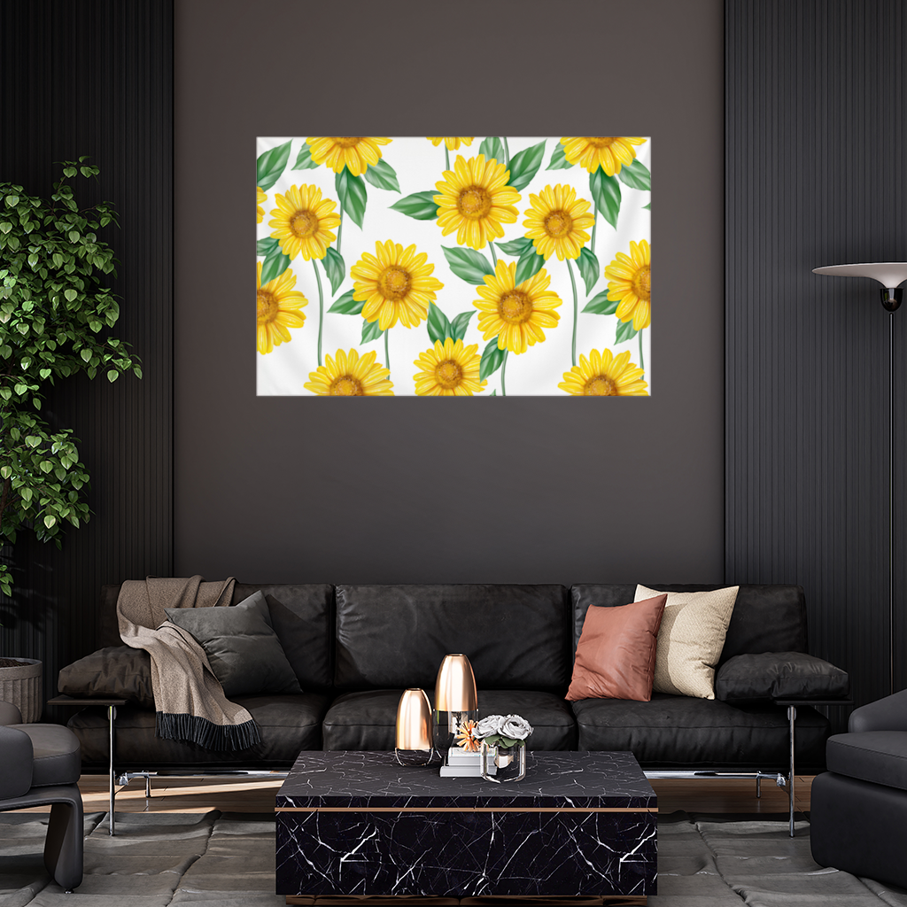 Vibrant Yellow Sunflower and Green Leaf Pattern Illustration Wall Tapestry