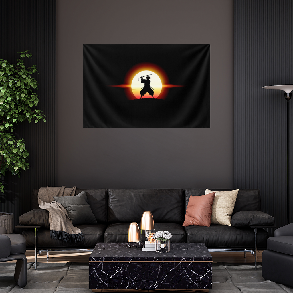 Samurai Silhouette Under the Rising Sun Honor and Strength Wall Tapestry