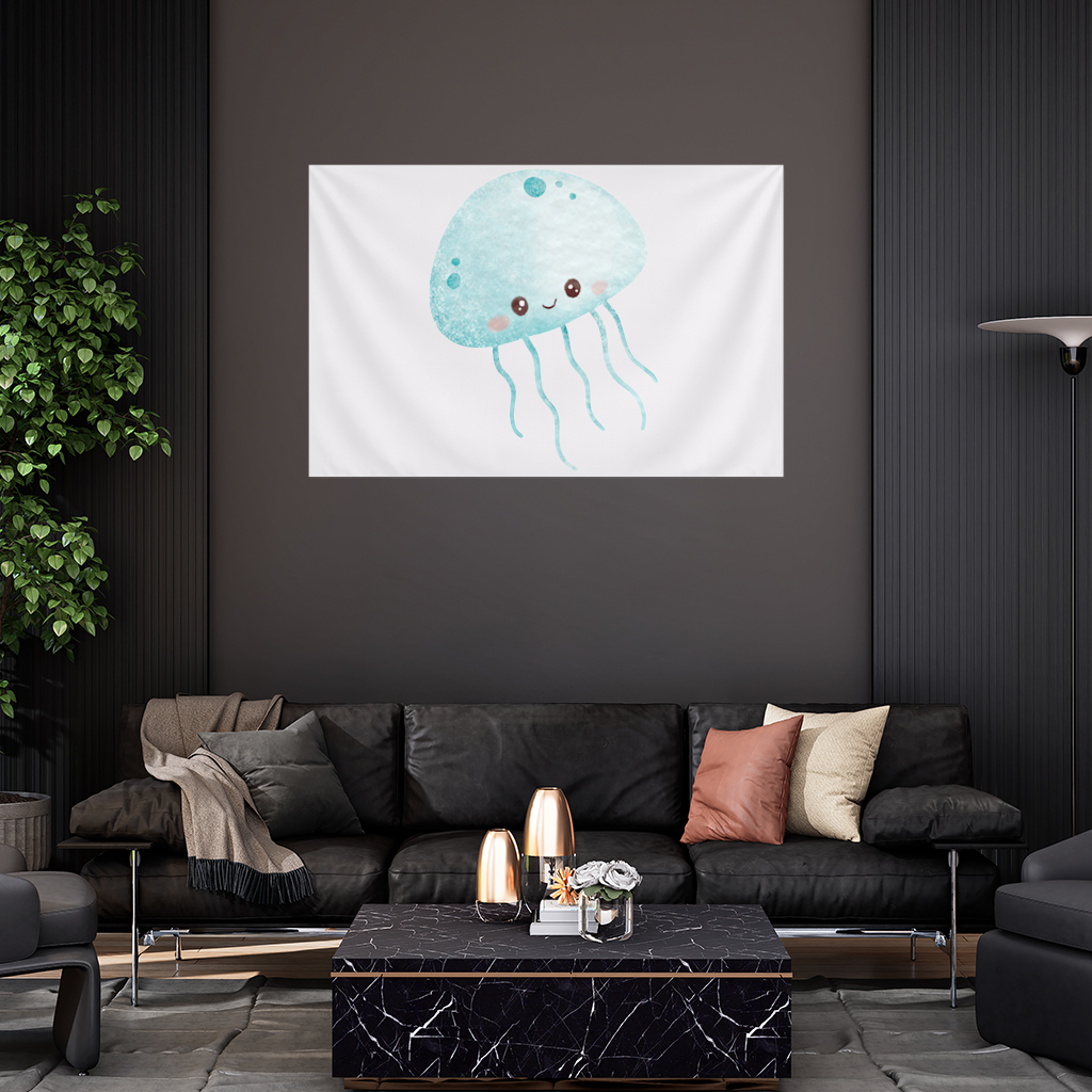 Cute Blue Jellyfish Character Wall Tapestry