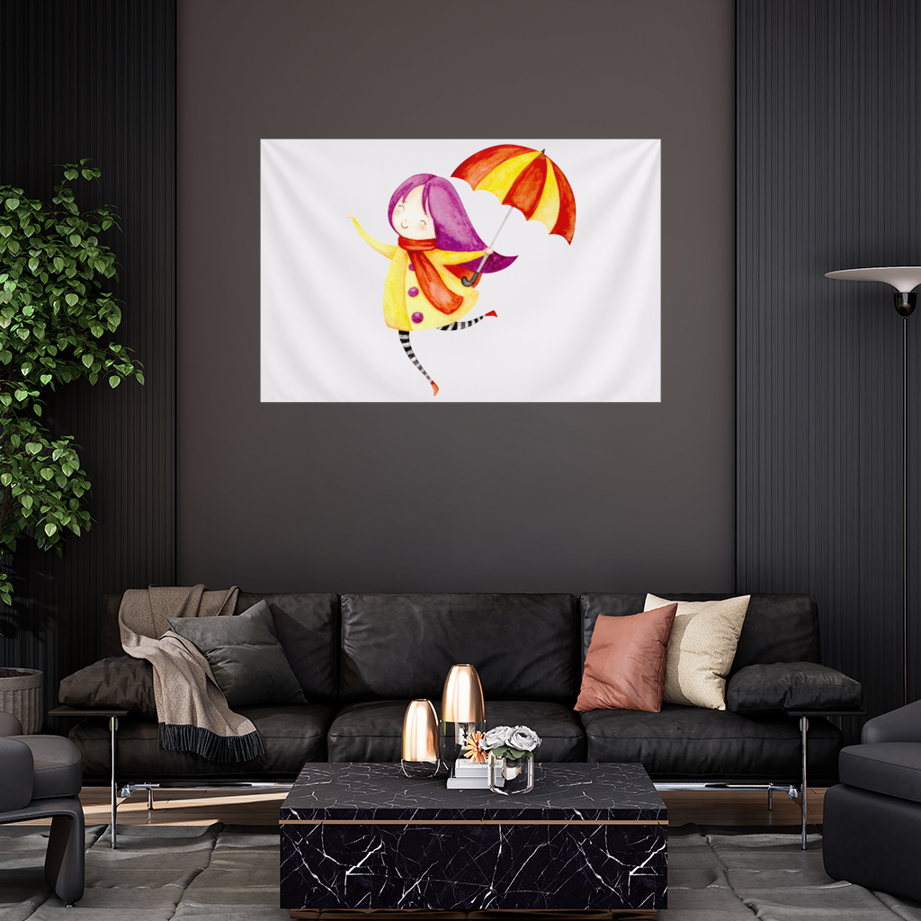 Şemsiyeli Neşeli Kız Çizimi Duvar Örtüsü