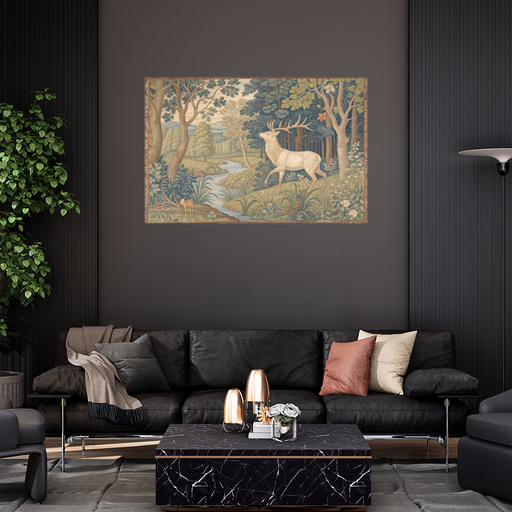 Noble Deer in Forest Landscape Classic Art Illustration 