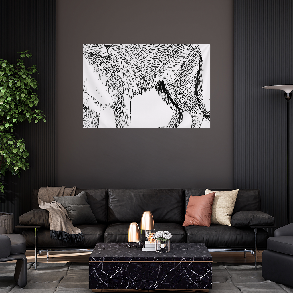 Black and White Wild Cat Sketch Illustration Wall Tapestry