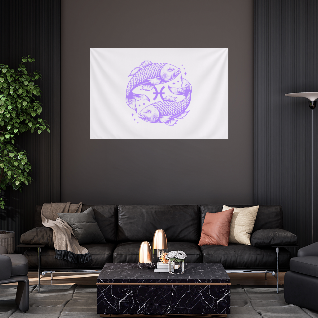 Pisces Zodiac Symbol with Purple Fish Art 