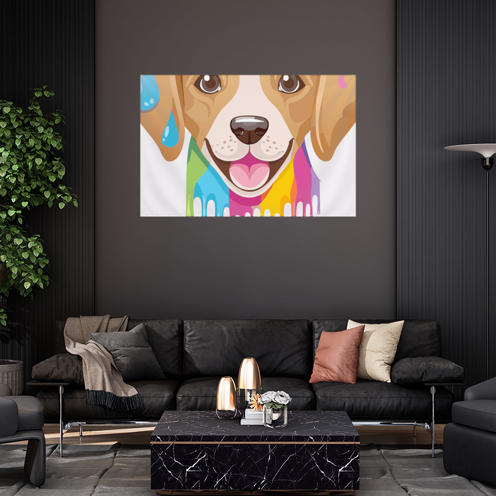 Happy Dog with Colorful Paint Drips Wall Tapestry