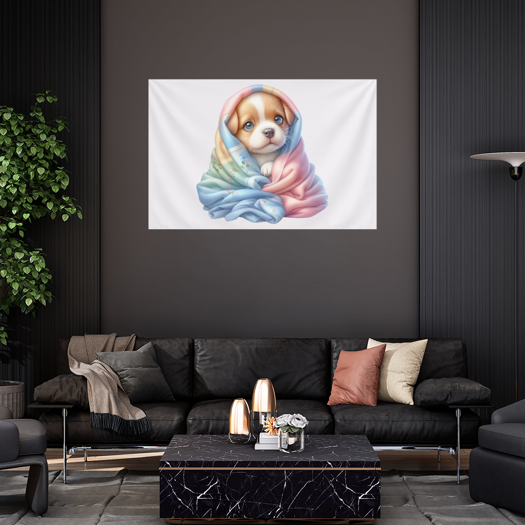 Cute Puppy Wrapped in Colorful Blanket Wall Tapestry