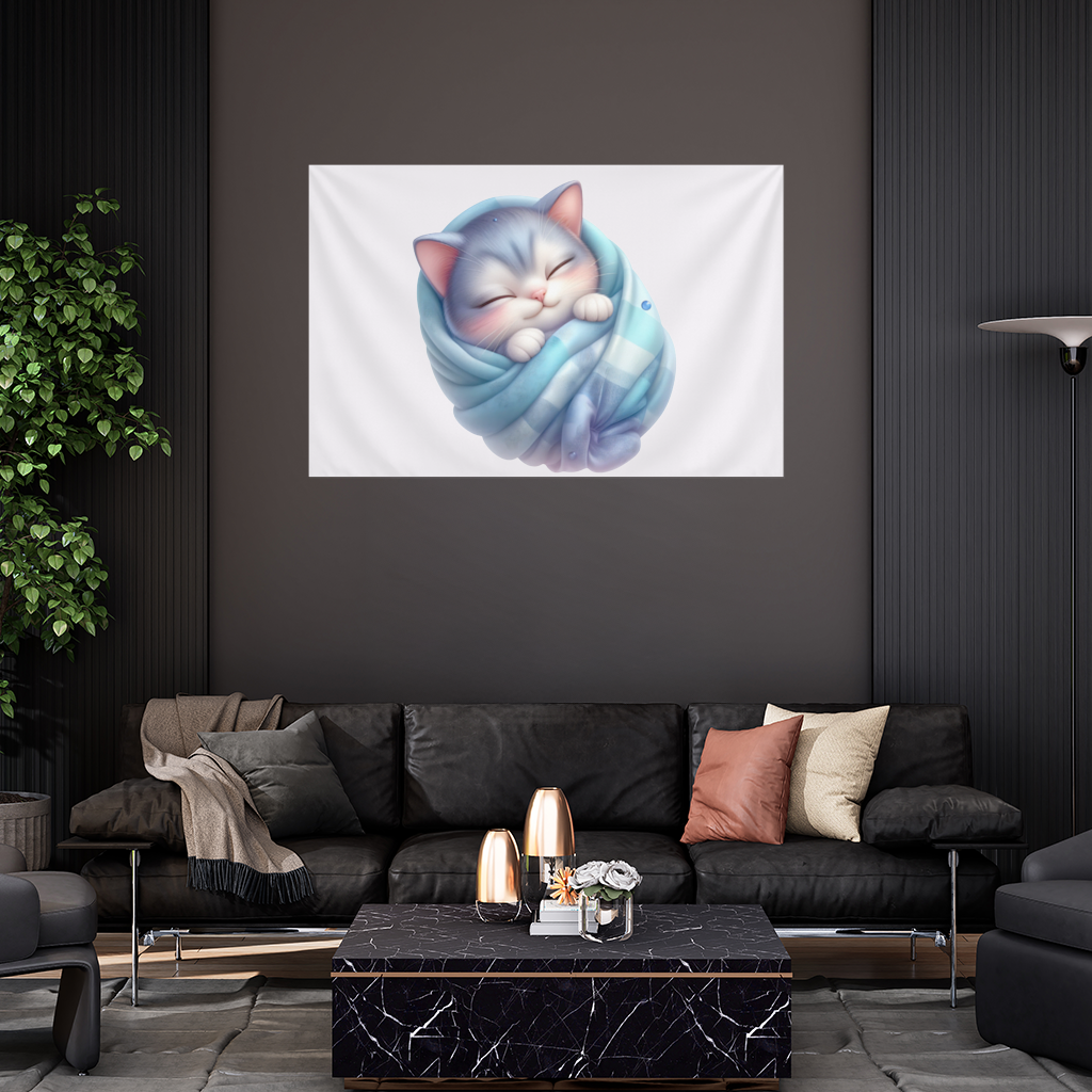 Kawaii Sleeping Kitten in Blue Swaddle Wall Tapestry