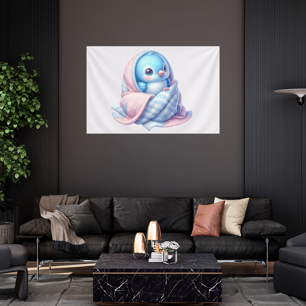 Kawaii Blue Bird in Blanket Wall Tapestry