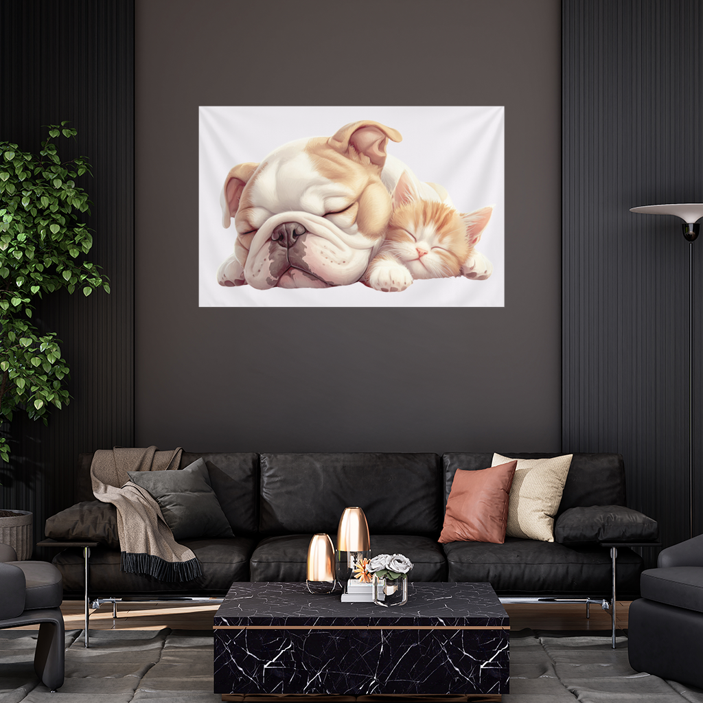 Sleeping Bulldog and Ginger Kitten Wall Tapestry
