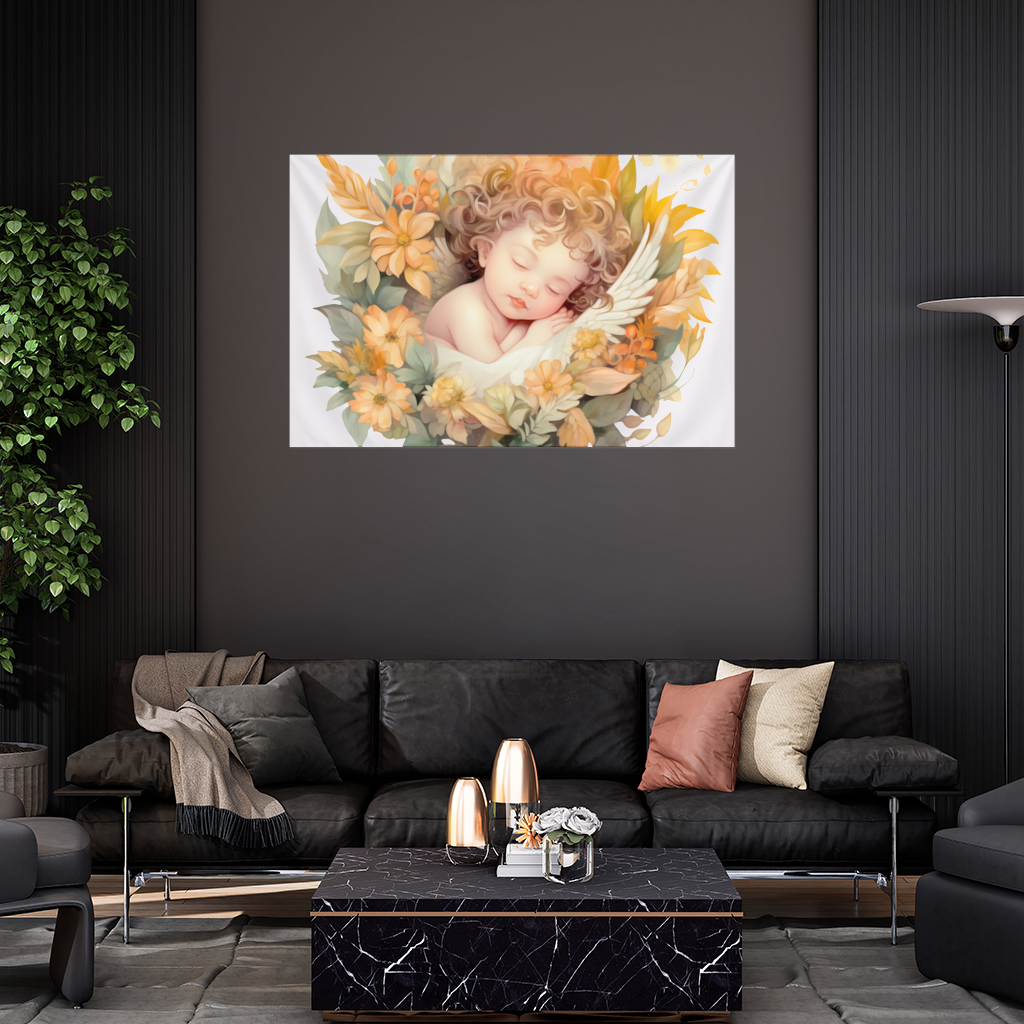 Sleeping Cherub in Cottagecore Flowers Wall Tapestry