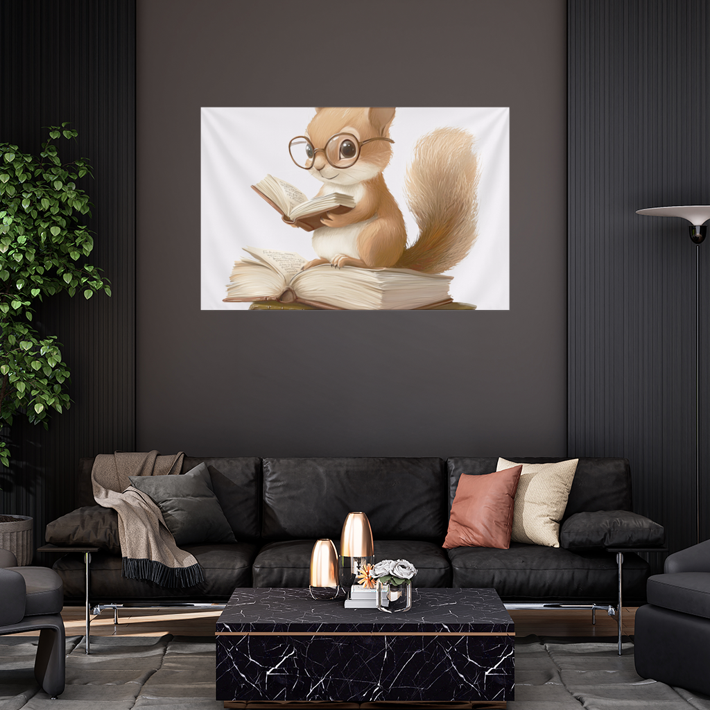 Scholarly Squirrel Reading on Book Stack Wall Tapestry